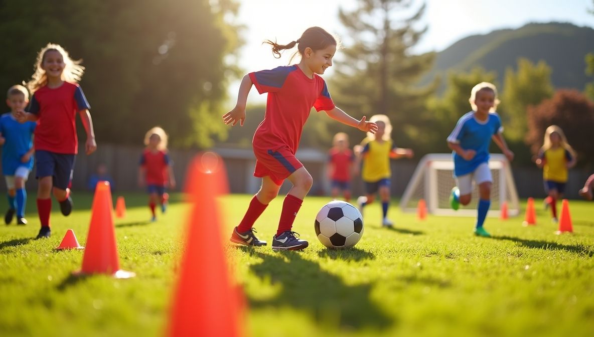 "Diverse group of kids playing soccer drills outdoors - dribbling, shooting, and laughing during youth football practice"