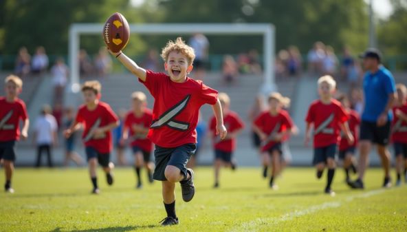 Kid celebrating touchdown in flag football with teammates cheering