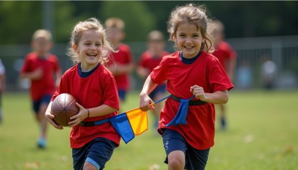 Close-up of a child pulling a flag in flag football.