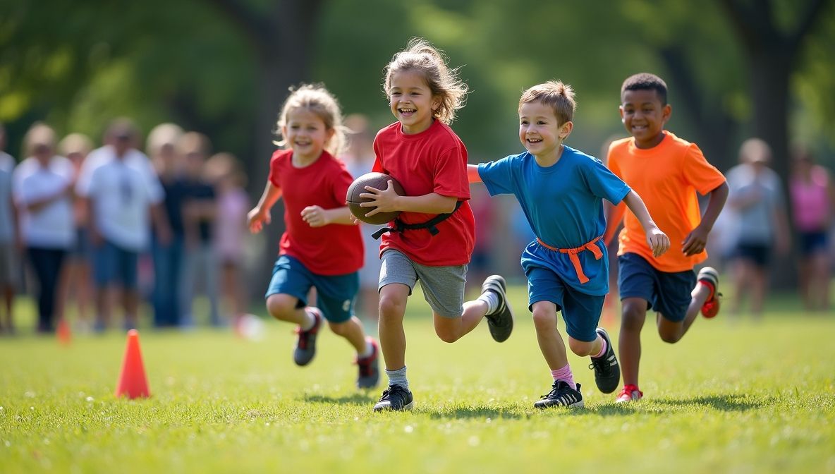 Group of happy kids playing flag football in a park, pulling flags instead of tackling