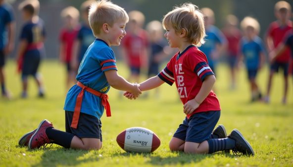 Two kids shaking hands in flag football, showing sportsmanship