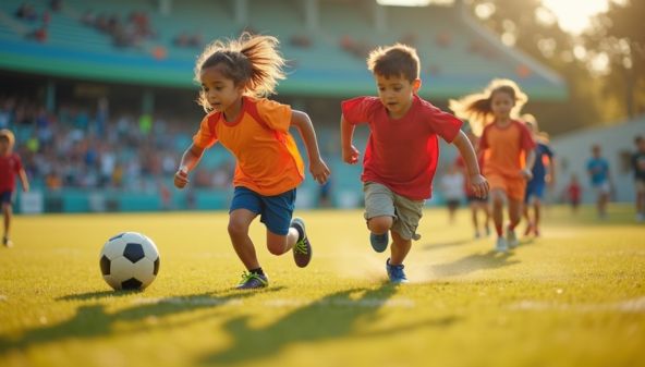 A child running with a football while another player tries to grab the flag belt.