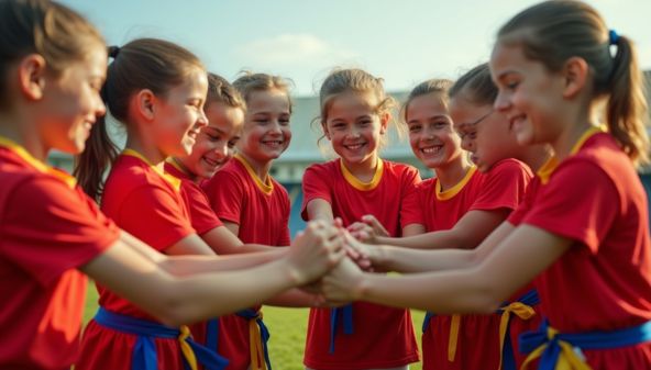 Young flag football players gathered in a circle huddle, smiling and cheering together.