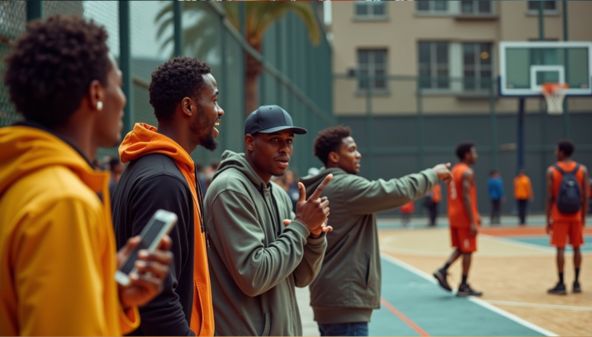 Young basketball fans reacting with excitement to a deep three-point shot, using expressive gestures and slang phrases courtside.
