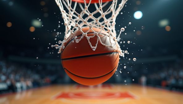 Close-up view of a basketball swooshing through the net without touching the rim, symbolizing a perfect splash shot.