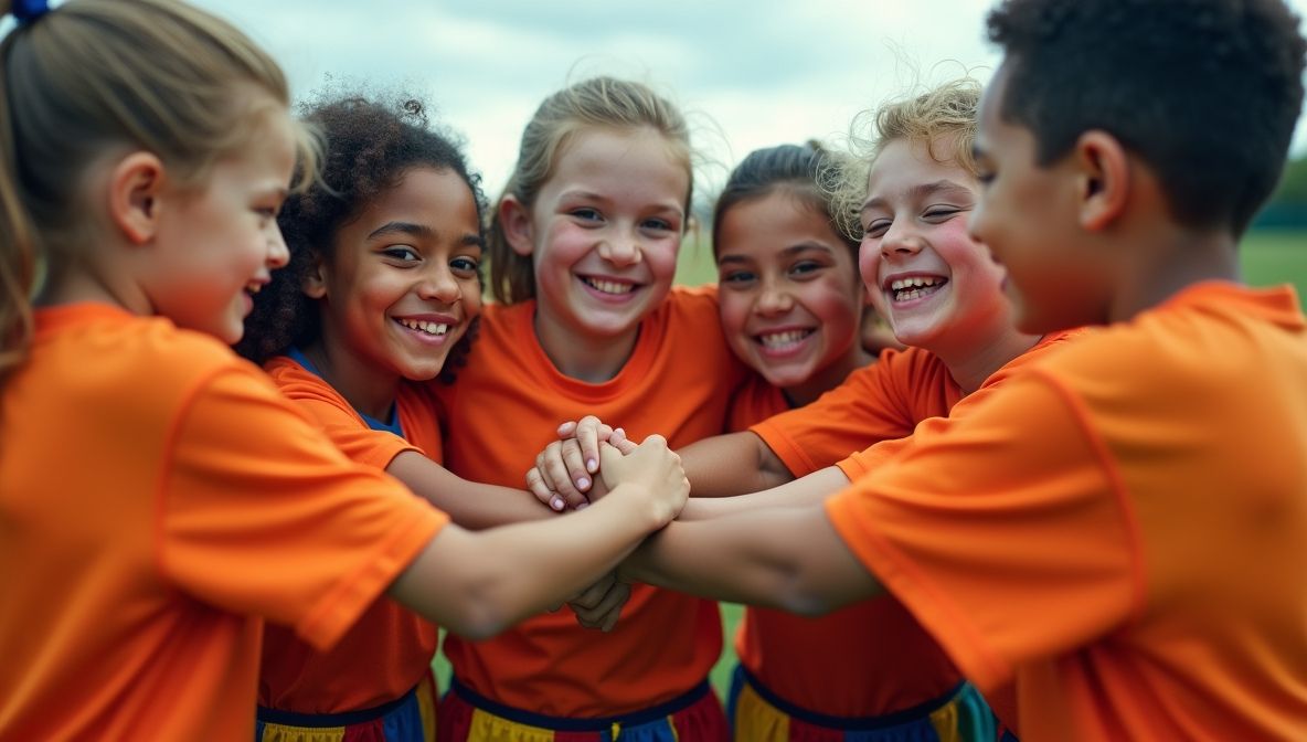 Smiling children in orange jerseys huddling together before a flag football game.